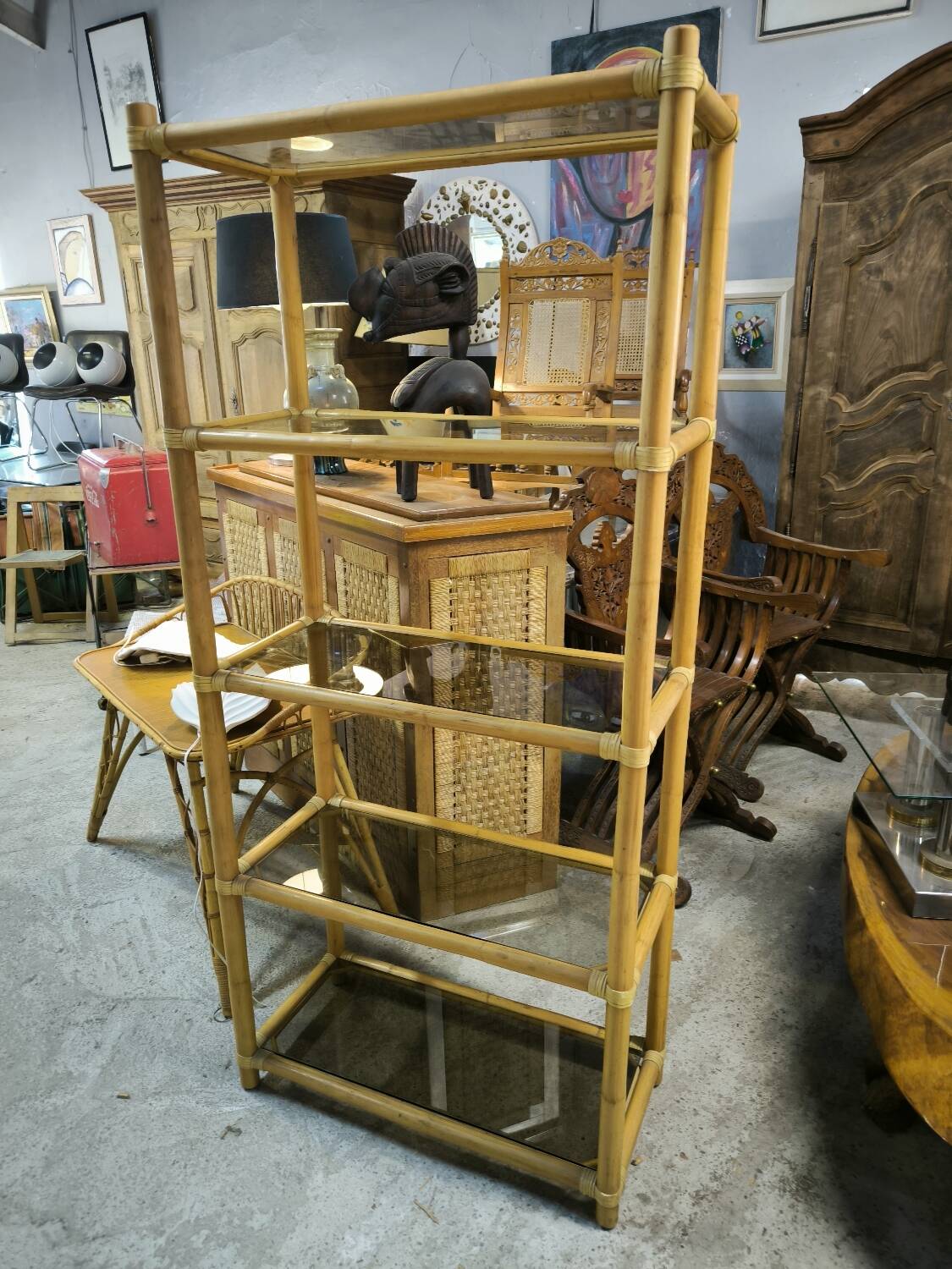 Bamboo and smoked glass bookcase, circa 1970