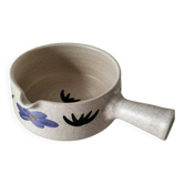 Large antique crackled ceramic fondue pot decorated with blue flowers