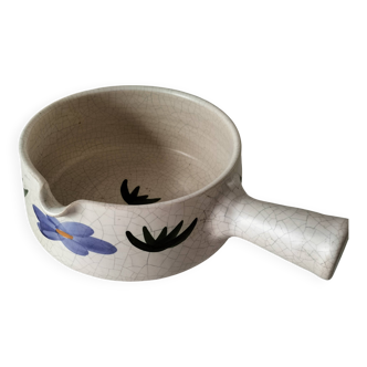 Large antique crackled ceramic fondue pot decorated with blue flowers