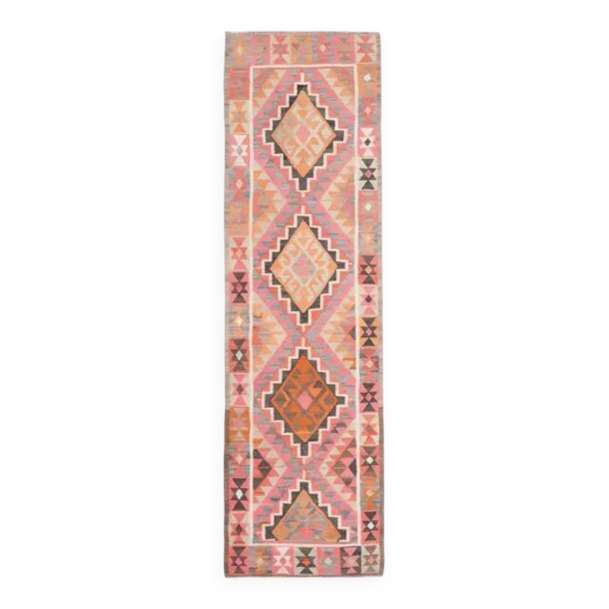 1970s Turkish Oushak Handmade Wool Cotton Pink Runner Rug 98x327