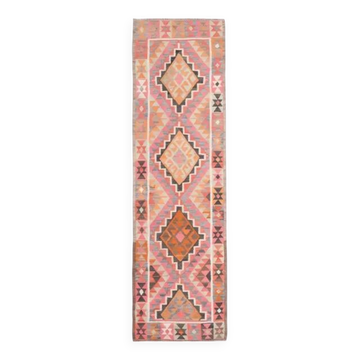 1970s Turkish Oushak Handmade Wool Cotton Pink Runner Rug 98x327