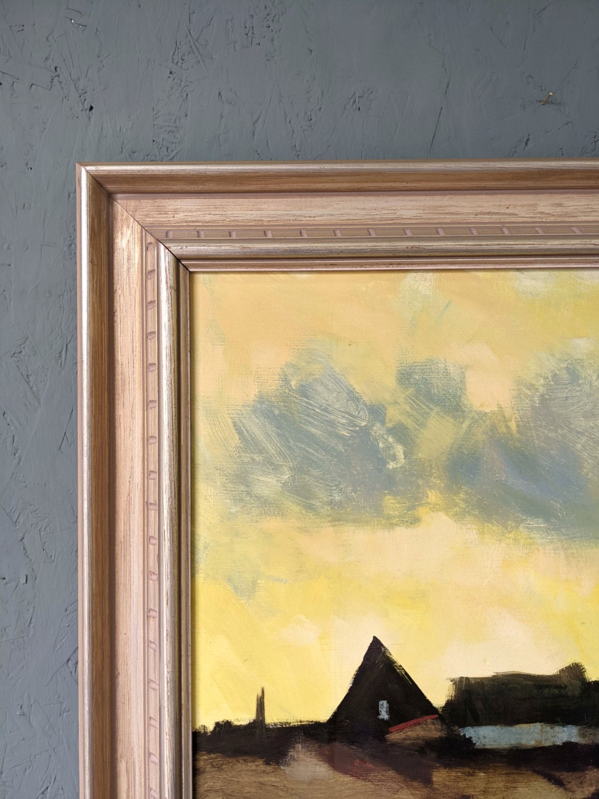 Mid-Century Modern Swedish "Yellow Skies" Vintage Landscape Oil Painting, Framed