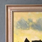 Mid-Century Modern Swedish "Yellow Skies" Vintage Landscape Oil Painting, Framed