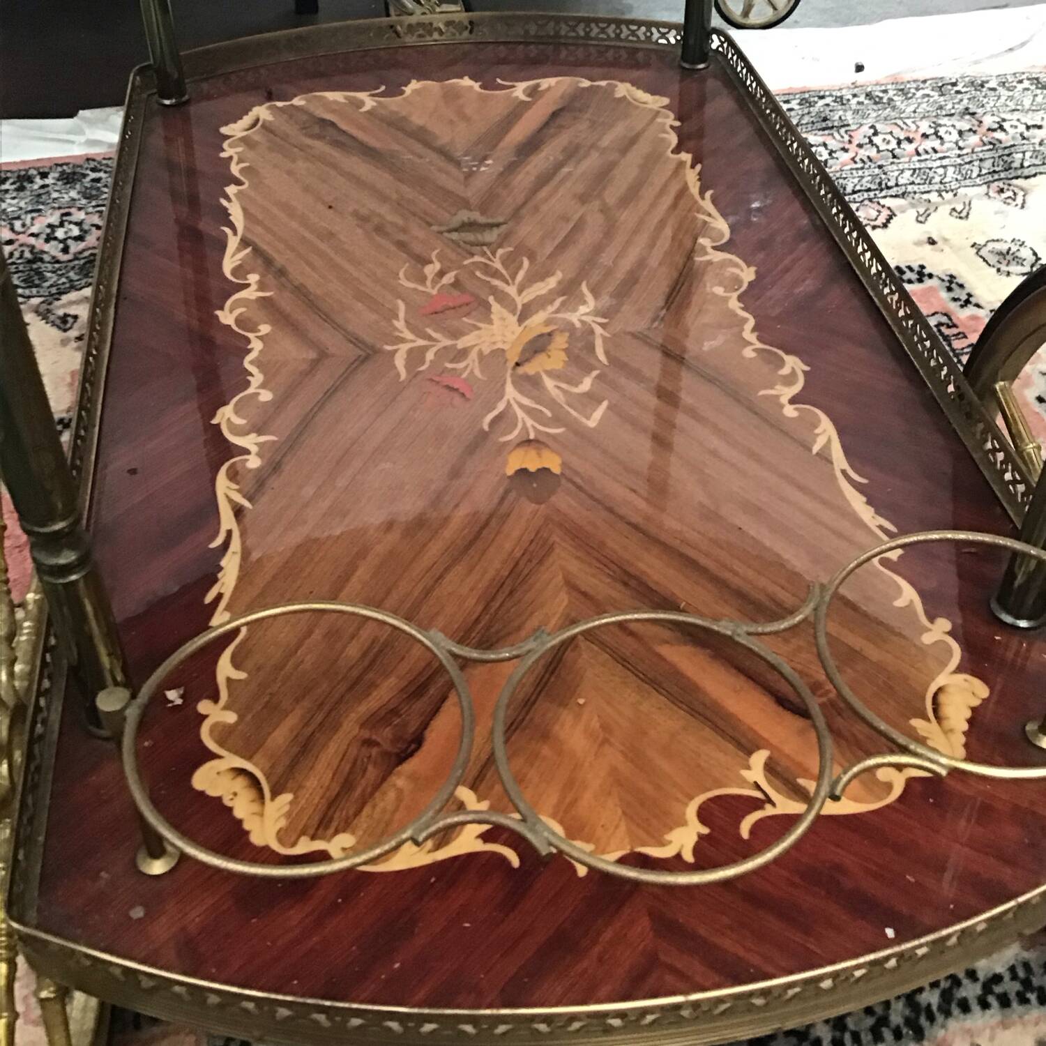 1960s marquetry bar cart on wheels