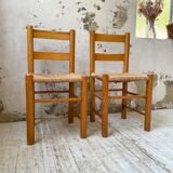 Pair of straw and pine chairs, mountain furniture