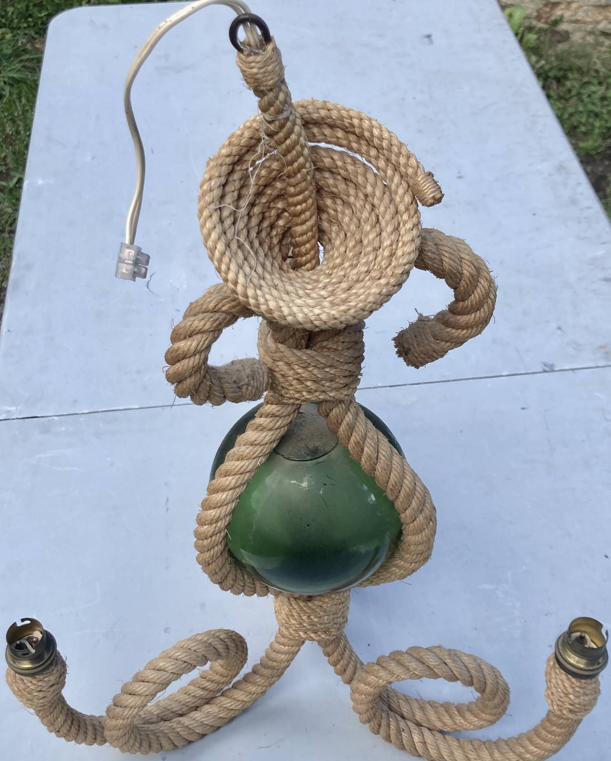 Audoux & Minet - vintage cord chandelier with 3 lights - France circa 1950