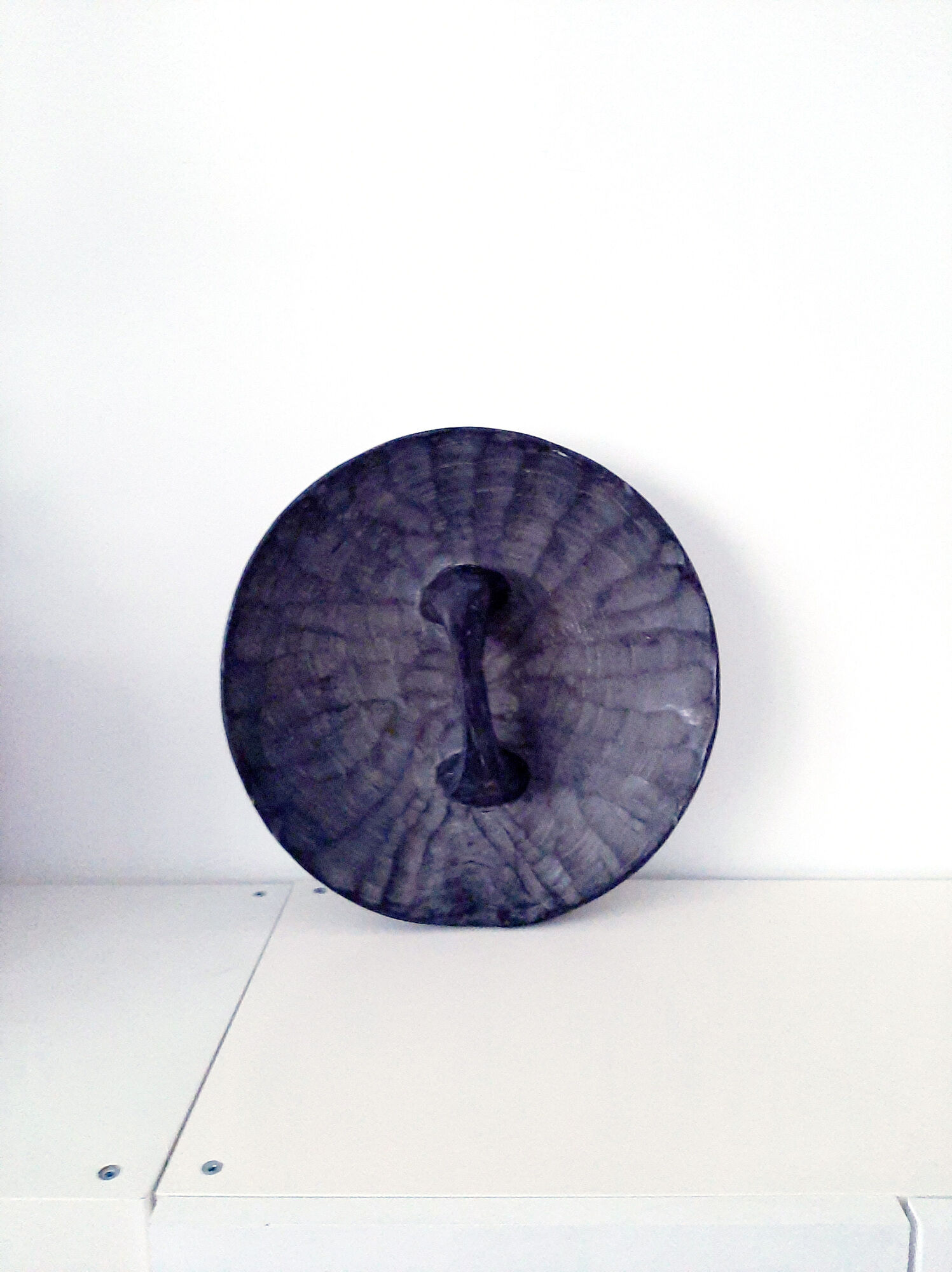 Traditional African tribal shield Bamileke round, wooden, black white wall decoration