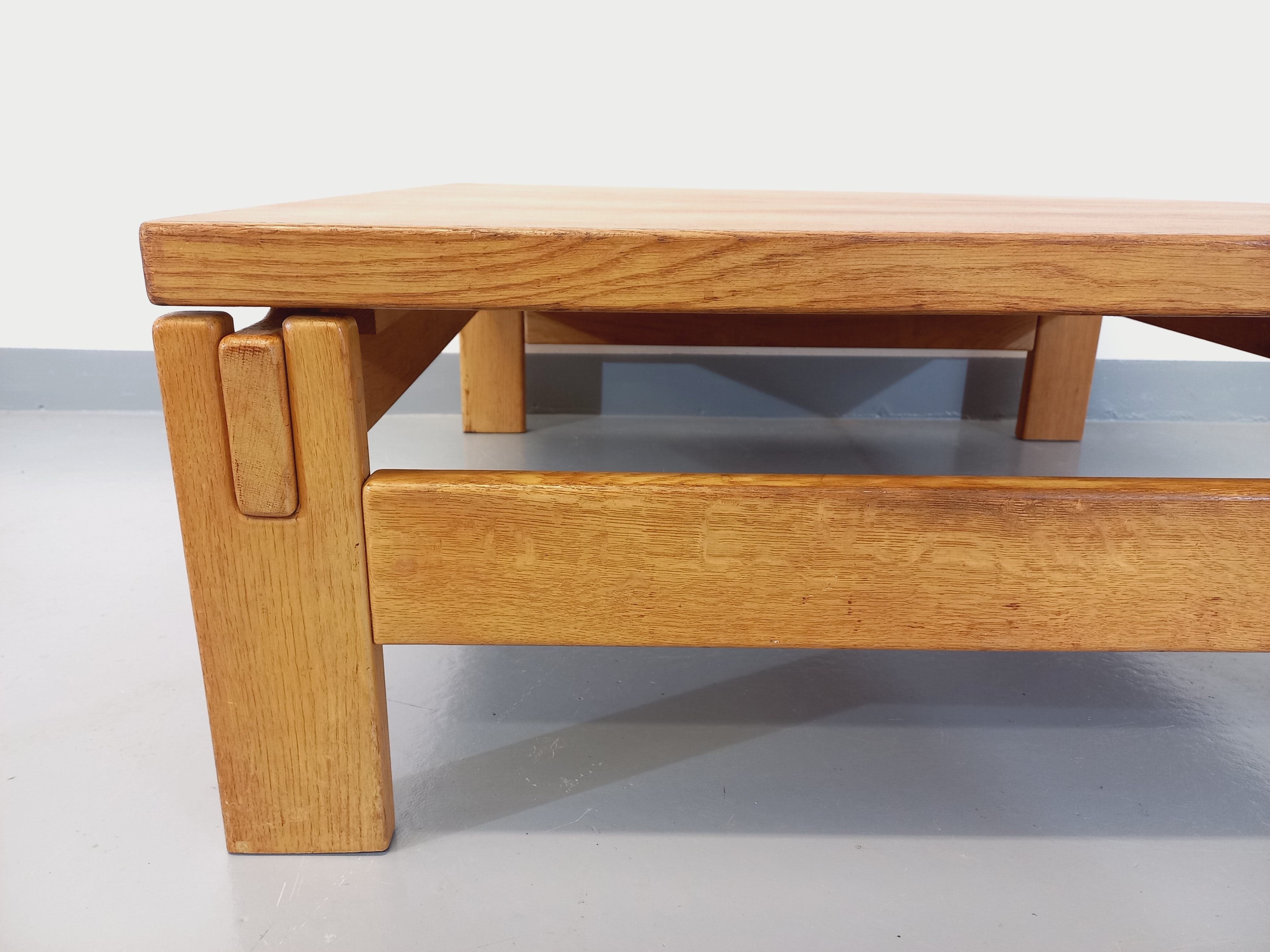 Vintage square coffee table in solid oak wood from the 60s 70s