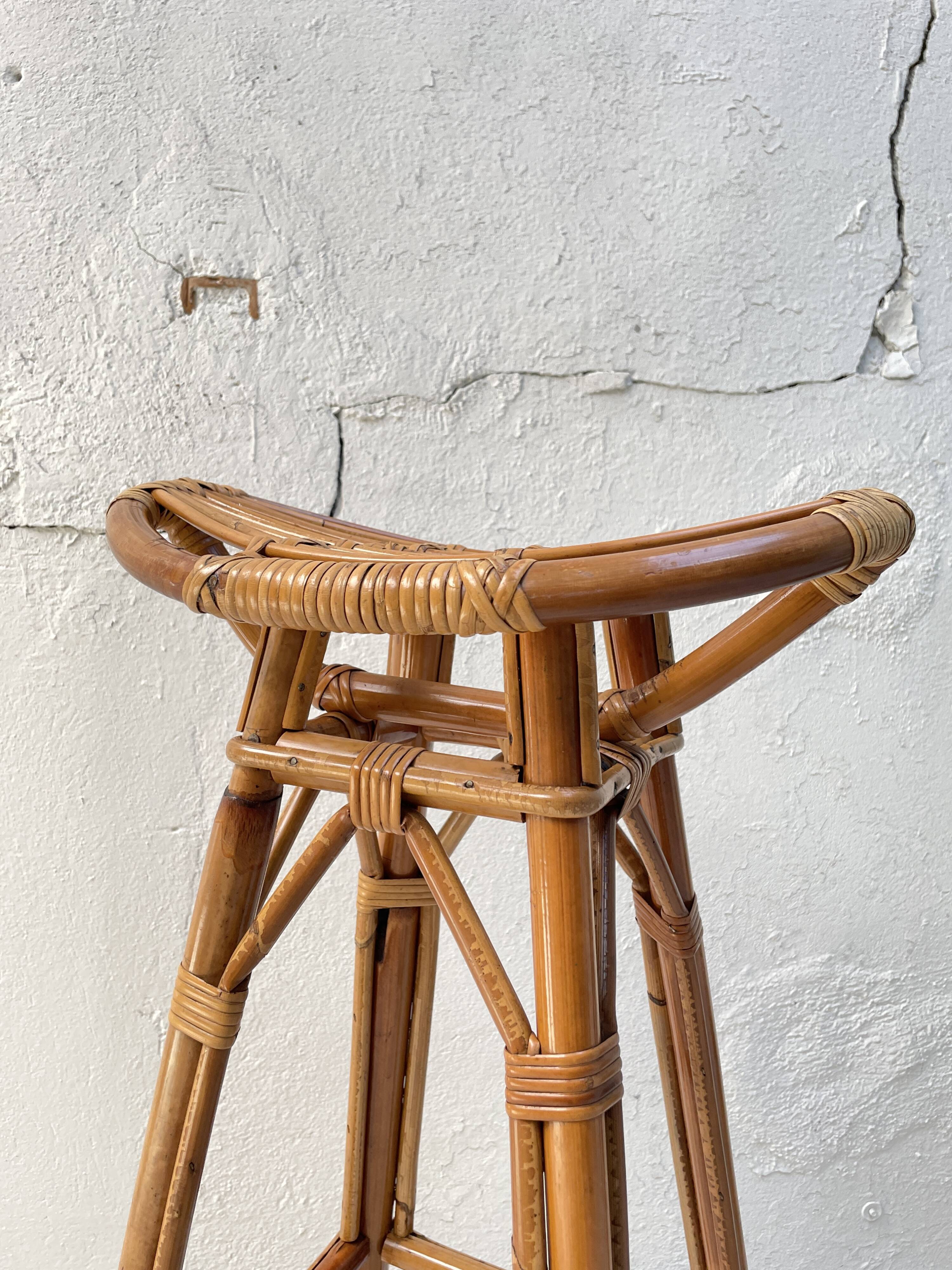 High stool in bamboo and rattan, circa 1960.