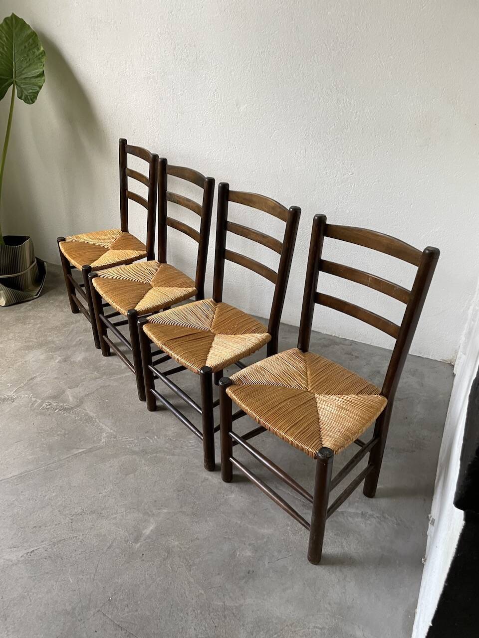 Set of 4 straw chairs from the 50s Dudouyt
