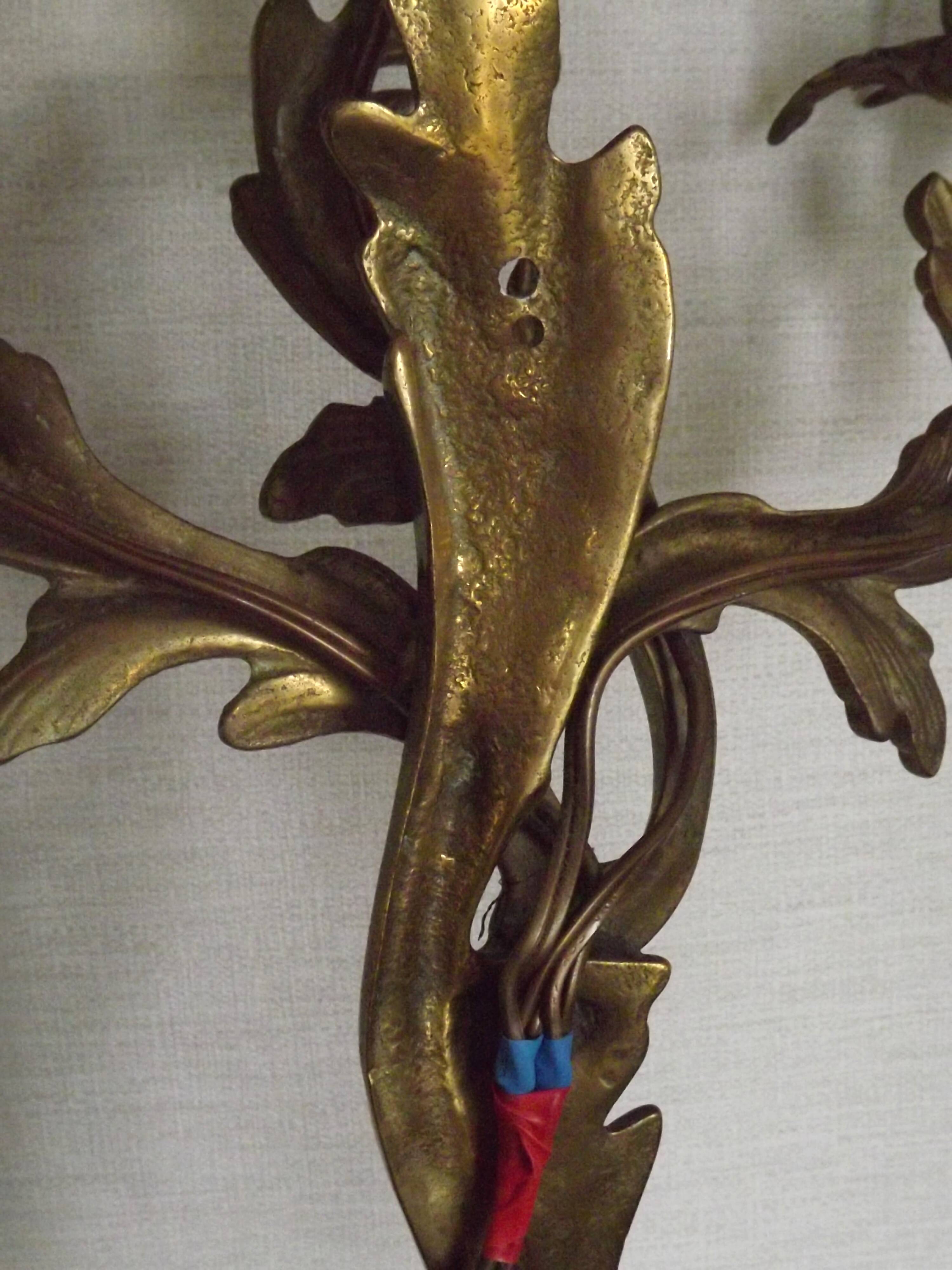 Magnificent Pair of French Antique Bronze Three-Light Acanthus Wall Sconces