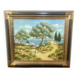 Oil painting on canvas, Mediterranean landscape, 20th century