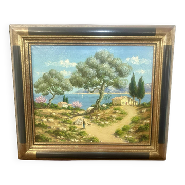 Oil painting on canvas, Mediterranean landscape, 20th century