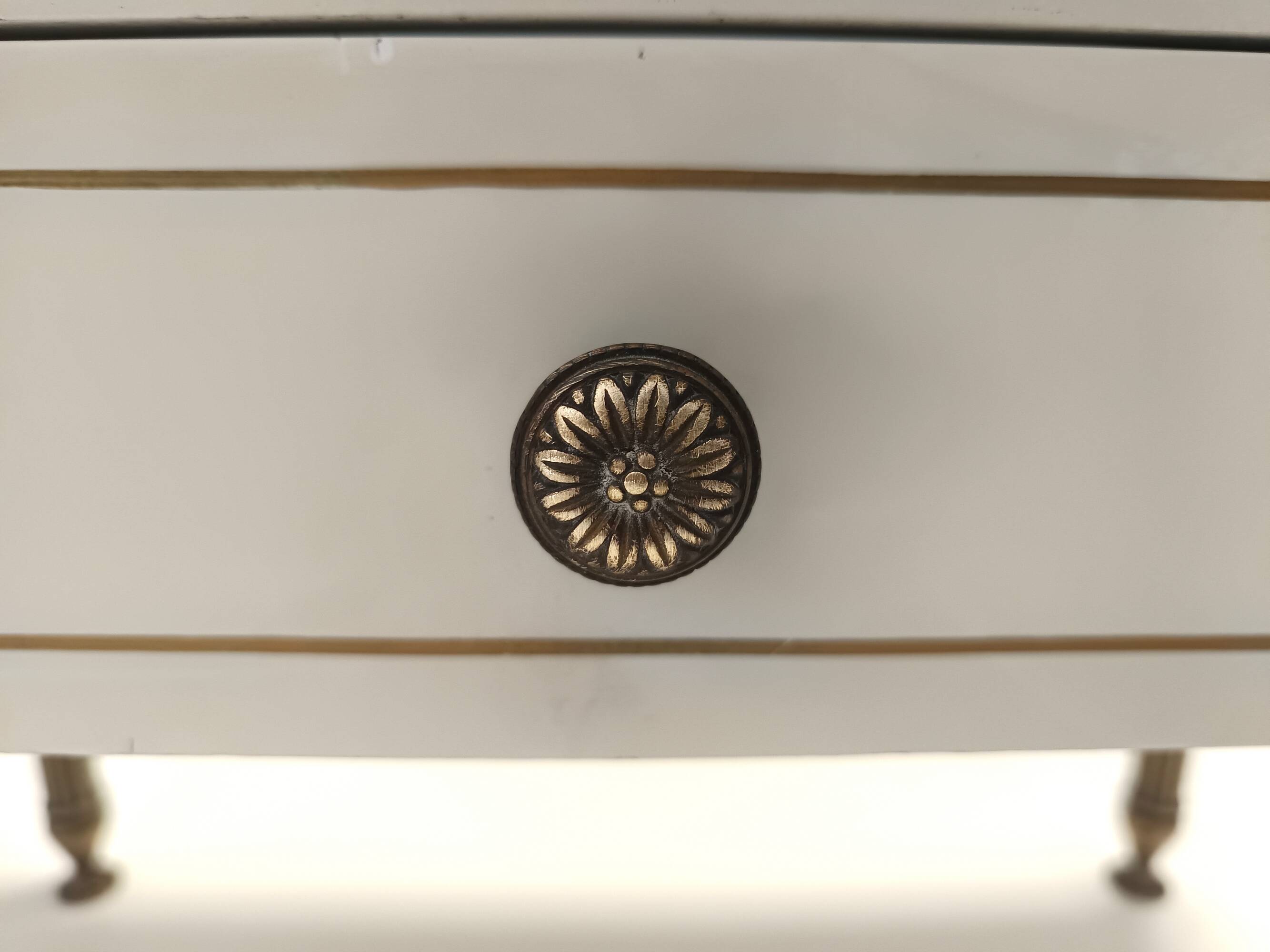Pair of Brass and White Lacquered Nightstands with Marble Tops, Italy