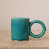 Pair of handmade turquoise ceramic coffee cups with large handles