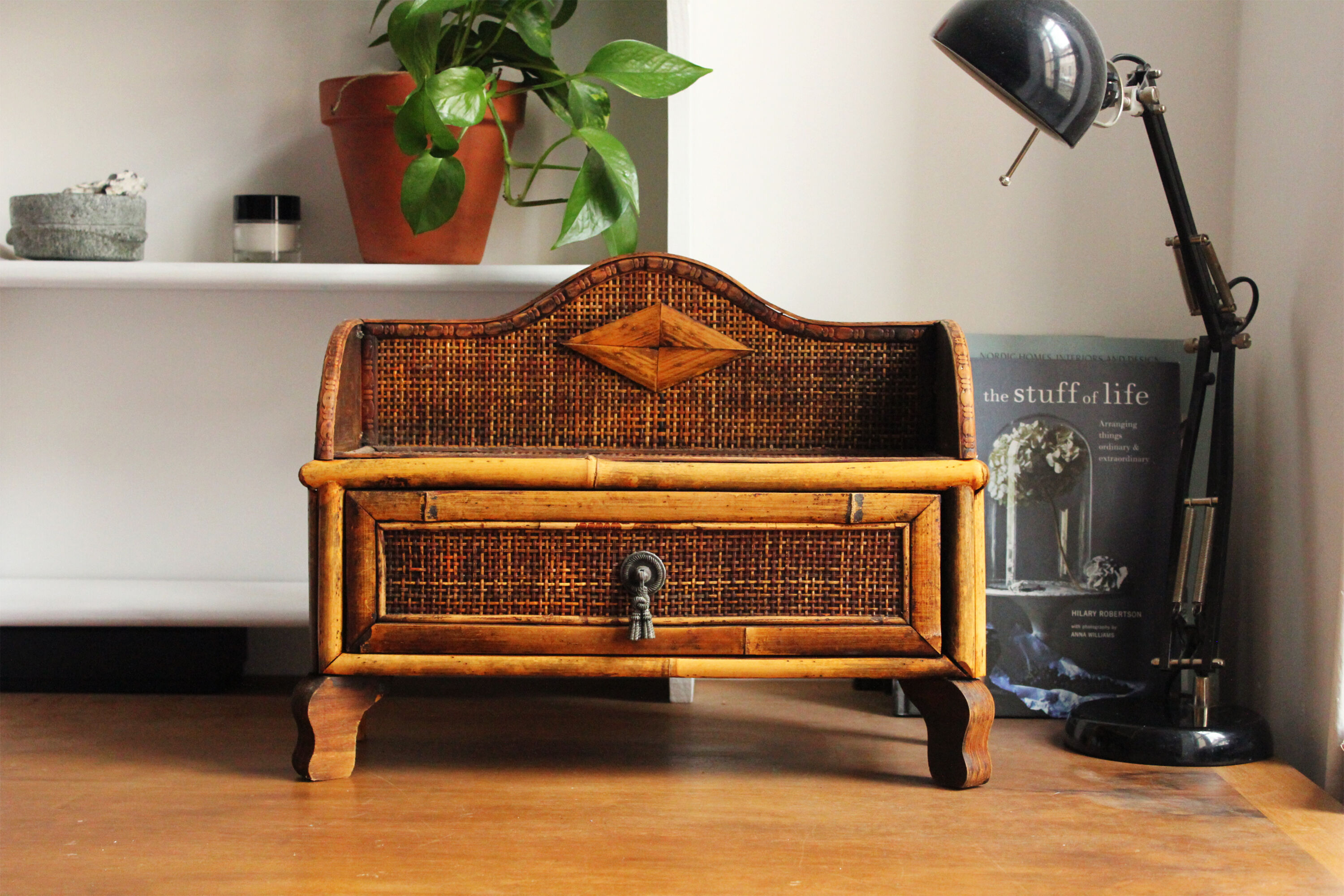 Office or bedroom storage furniture in rattan and wicker