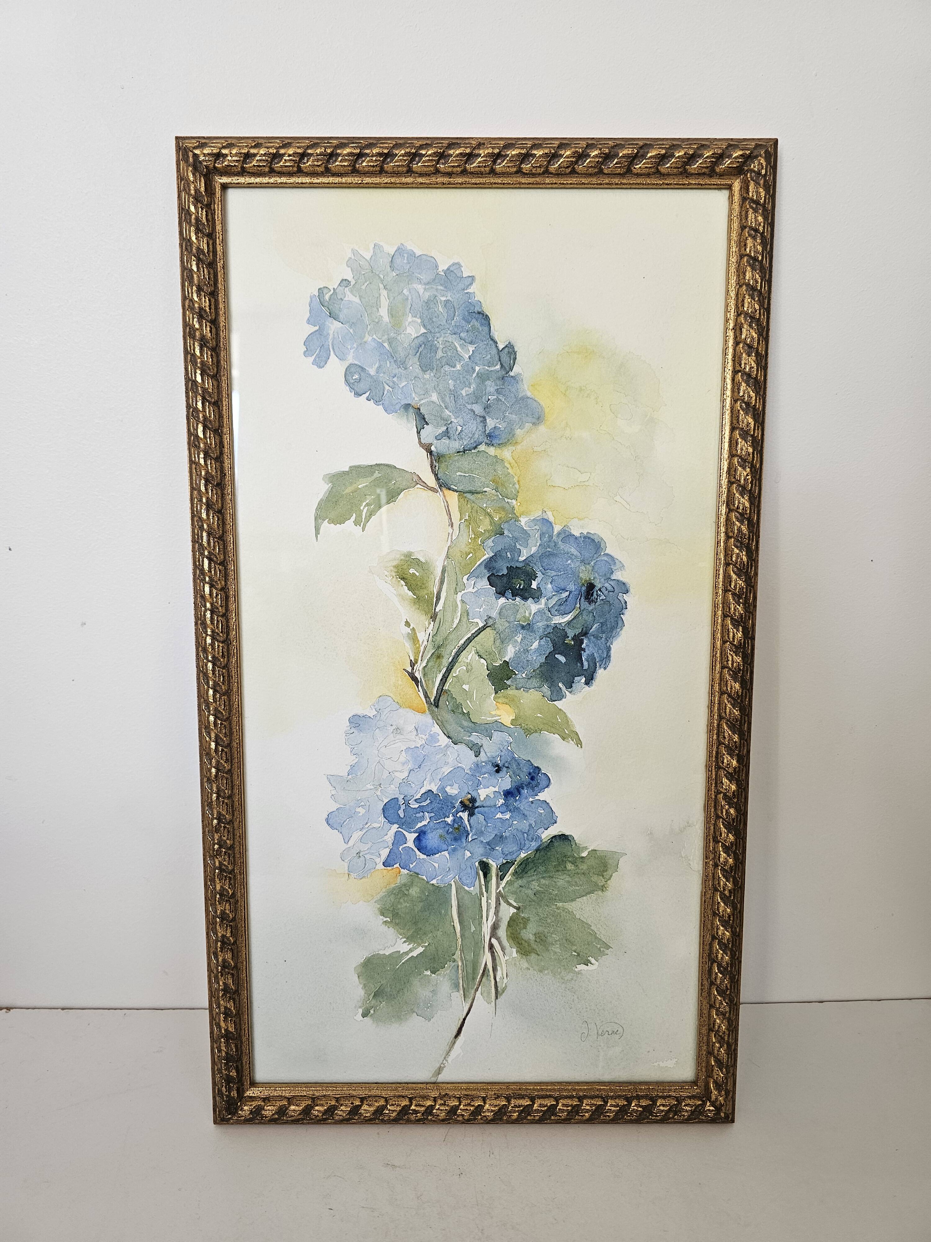 Tableau Aquarelle Fleurs Hortensia Signé J. Verne