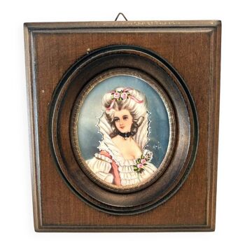 Tableau médaillon, peinture miniature portrait femme élégante, aux roses