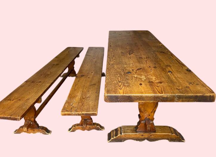 Oak monastery table with 2 original benches