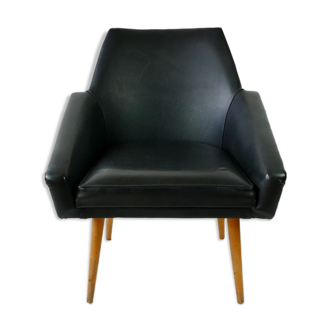 1 Of 2 Black Leatherette Lounge Armchair From 60'S