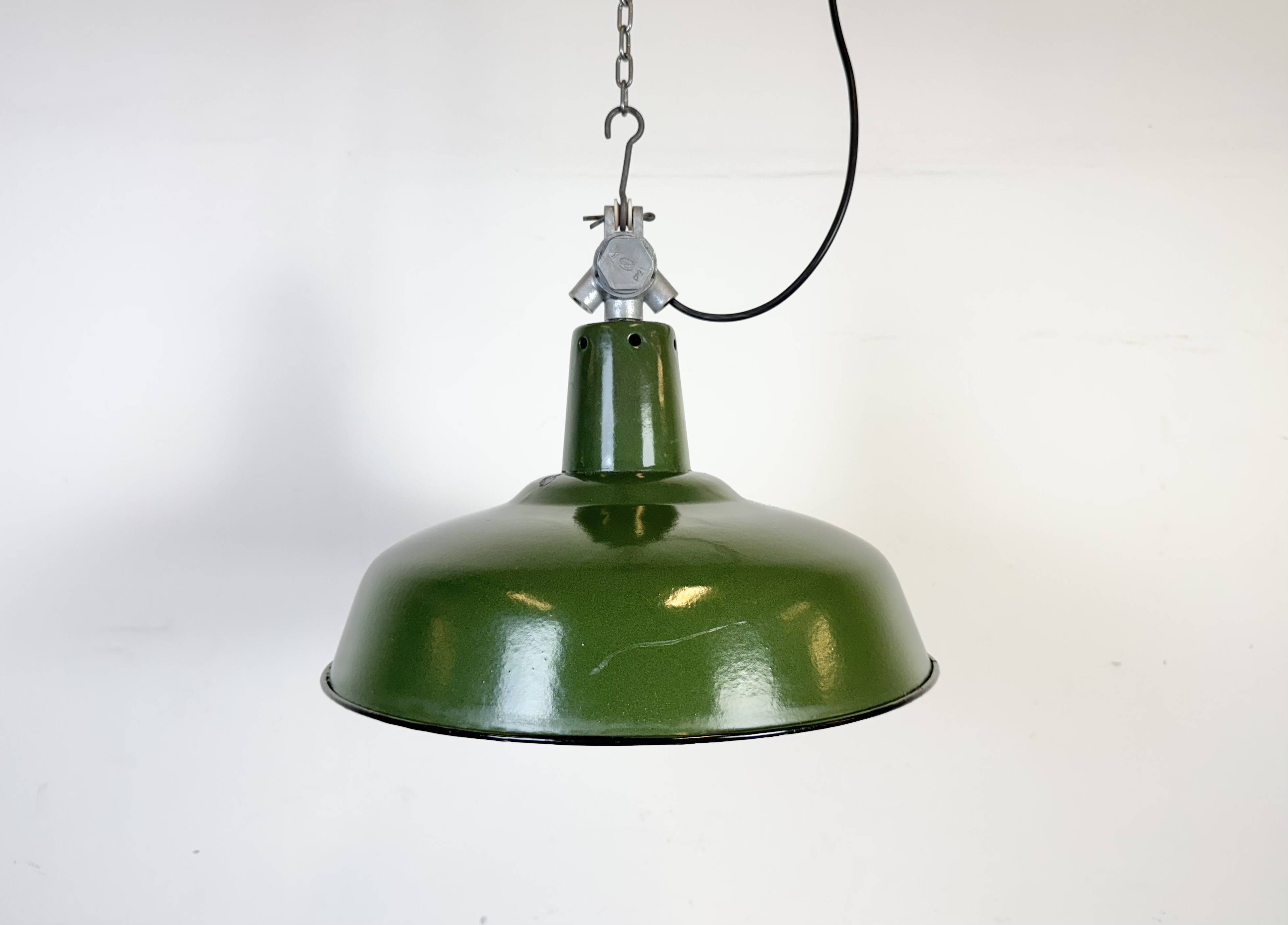 Industrial French Green Enamel Factory Pendant Lamp, 1960s