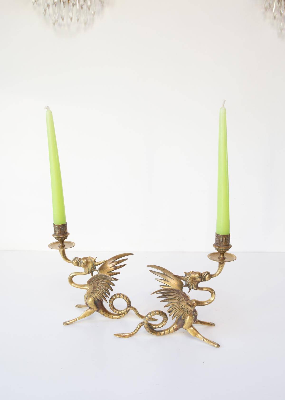 Pair of 19th century gilded brass “chimera” candlesticks
