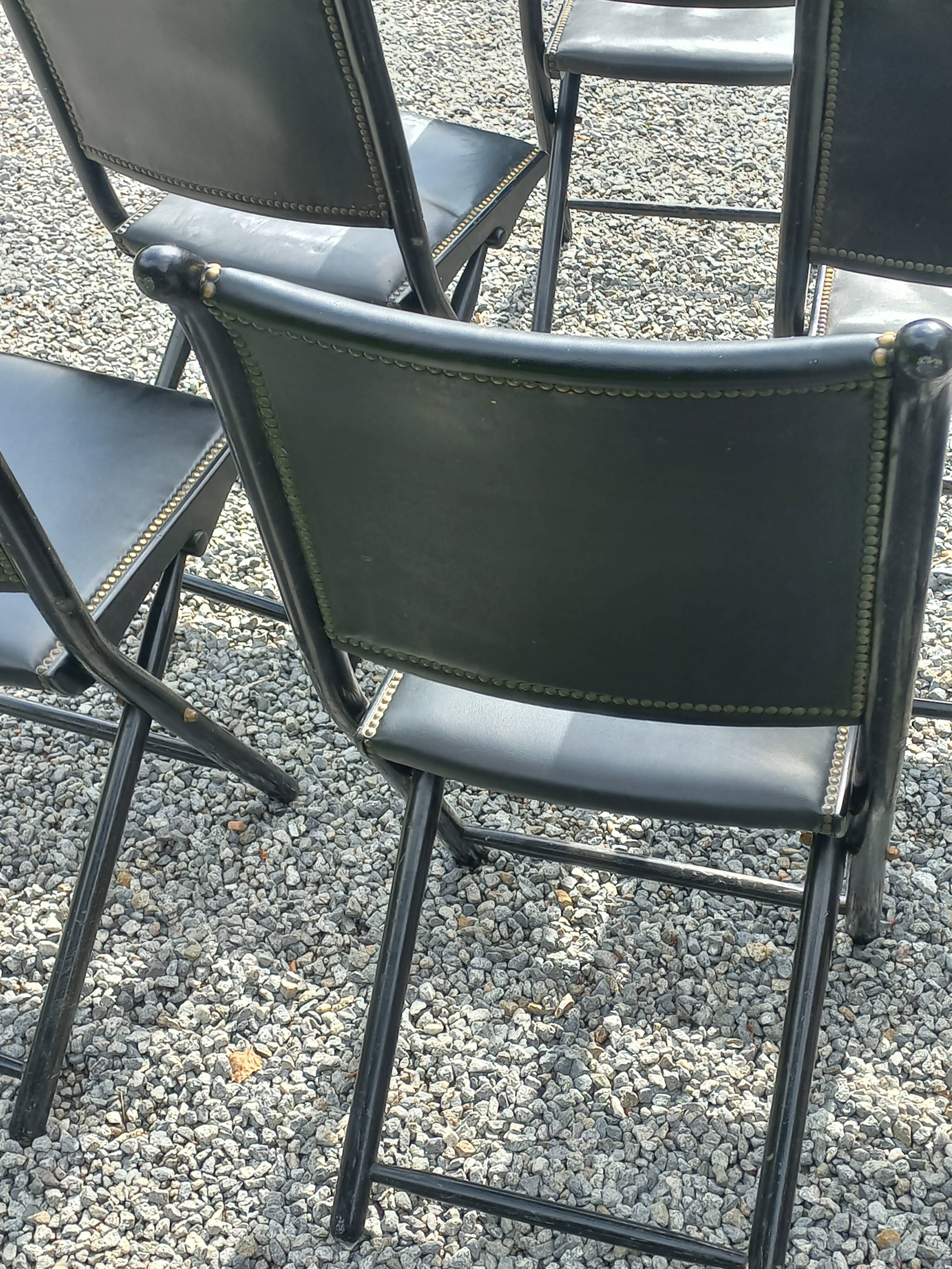 Set of 6 folding chairs, 70s design, 3 leather, 3 moleskin