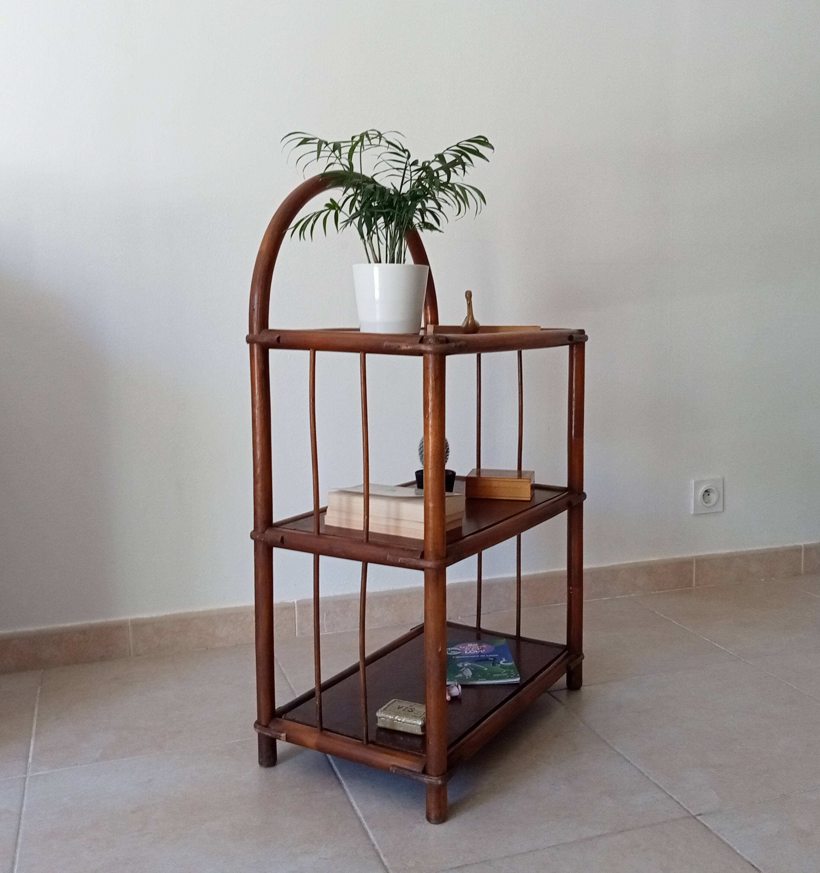 Vintage bamboo and rattan standing shelf