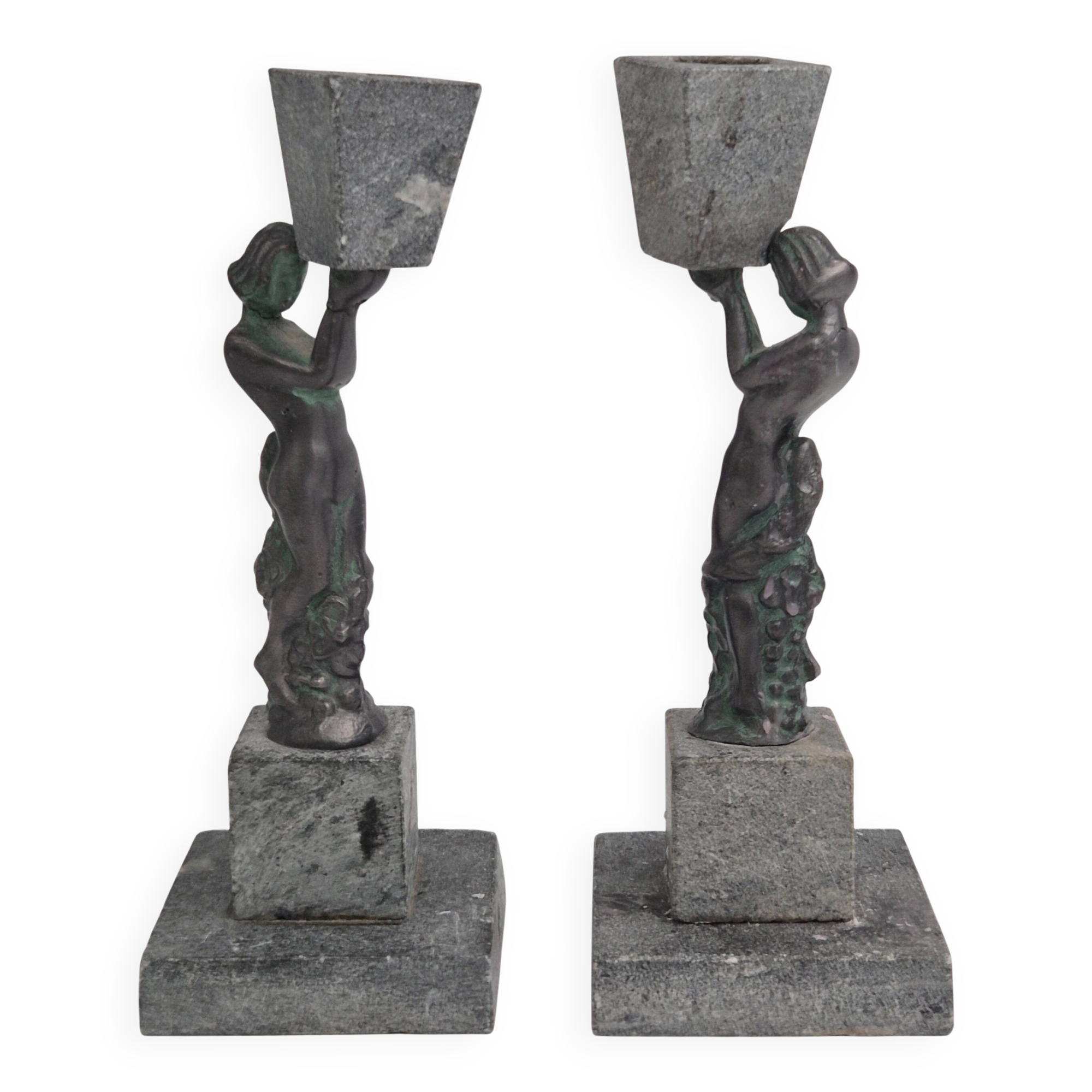 Rare decorative candlesticks in bronze and soapstone, Finland, Art Deco