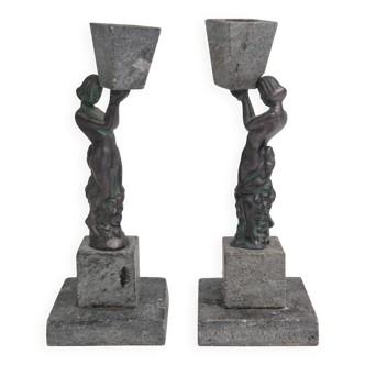 Rare decorative candlesticks in bronze and soapstone, Finland, Art Deco