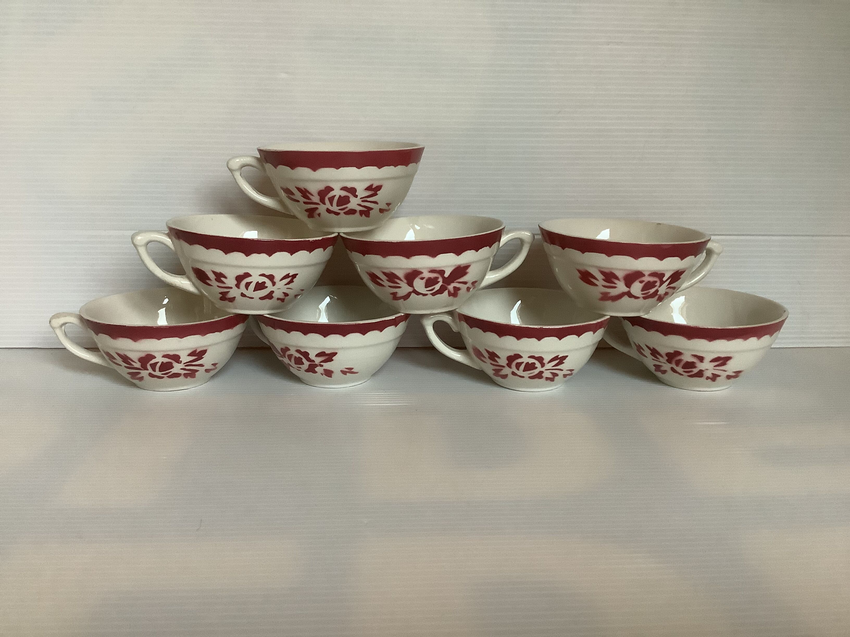 8 old earthenware cups with garnet flowers stenciled