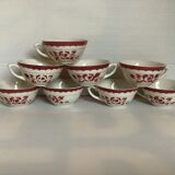 8 anciennes tasses faïence fleurs grenat au pochoir