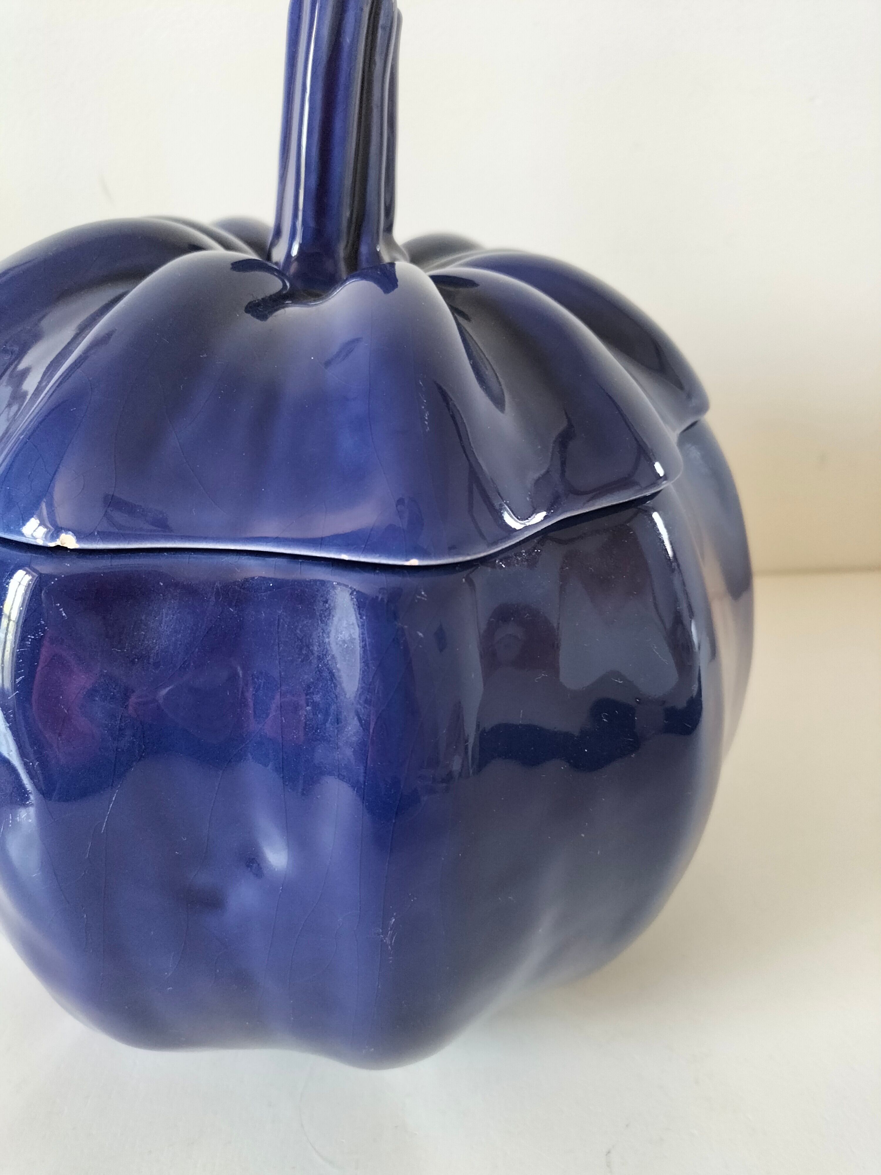 Large vintage soup tureen in glazed ultramarine ceramic