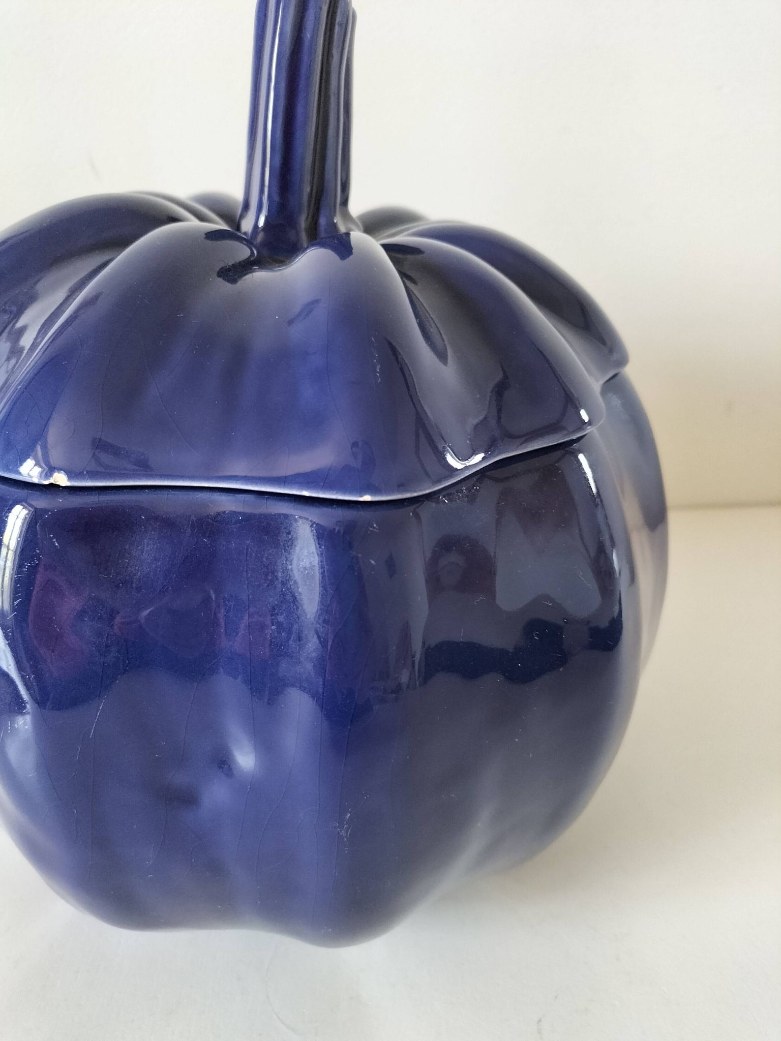 Large vintage soup tureen in glazed ultramarine ceramic