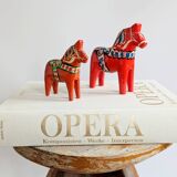 Set of 2 Vintage Swedish Dala Horses in Wood, Hand-Painted Red