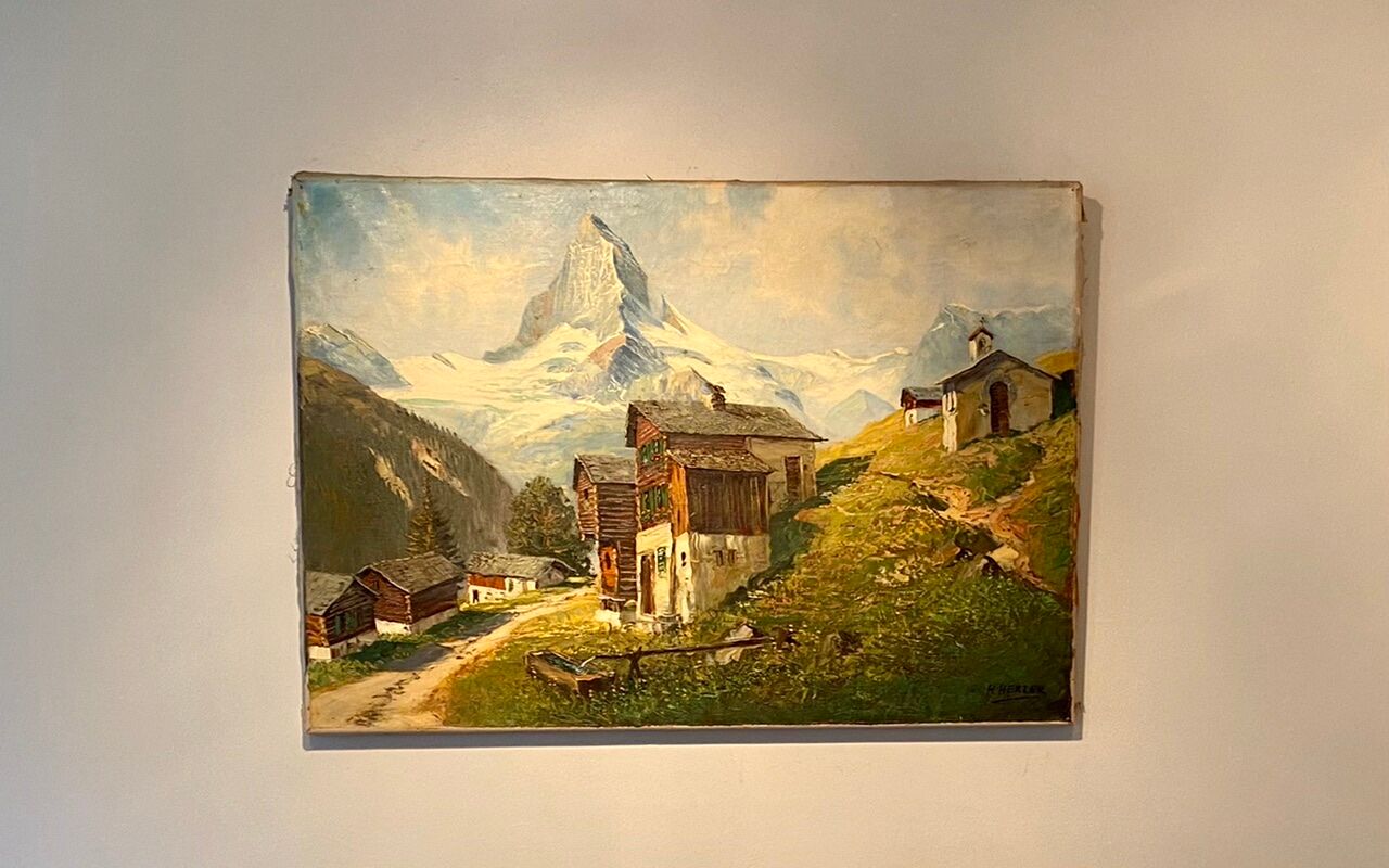 Old painting, Swiss mountain landscape signed H Herzer, mid-XX century