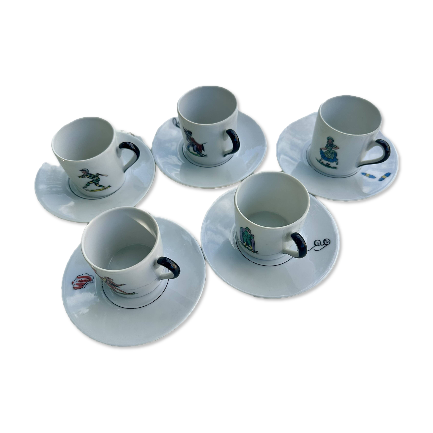 Lot de 4 tasses et soucoupes anciennes, décor Arlequin