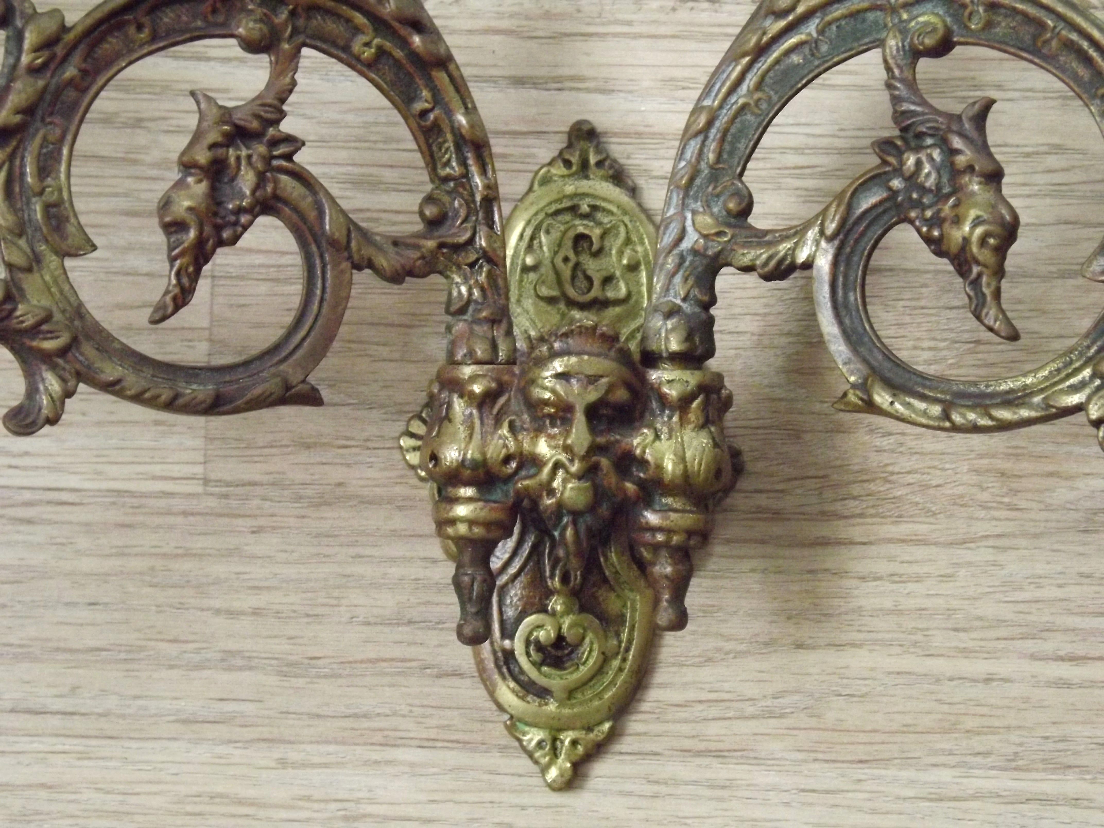 Antique French Gothic Dragon Bronze Double Piano Sconce Signed L. Pinet