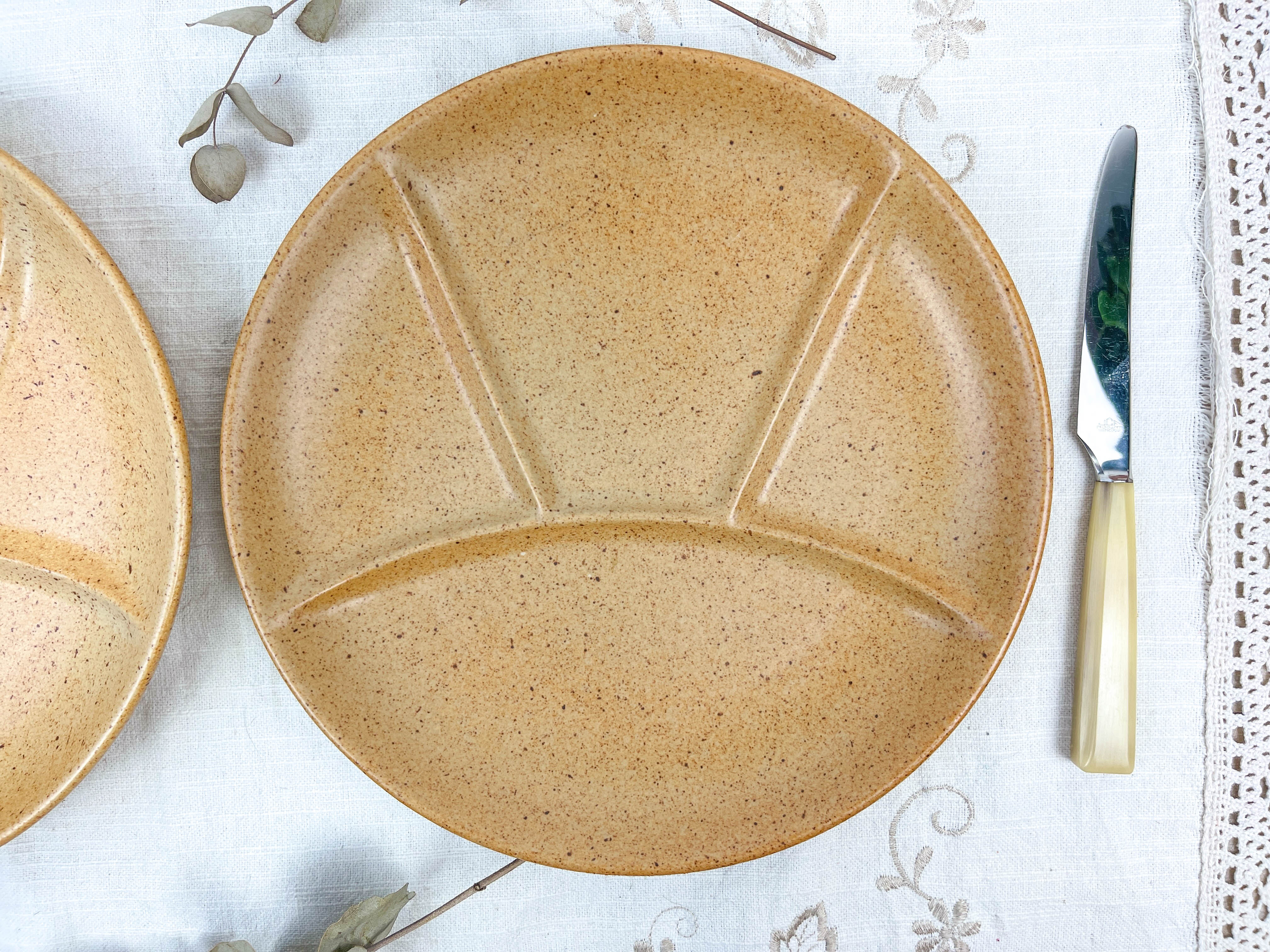 2 amber ceramic fondue plates made in france 1970