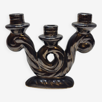 Ceramic candle holder with three branches vallauris vintage black iridescent