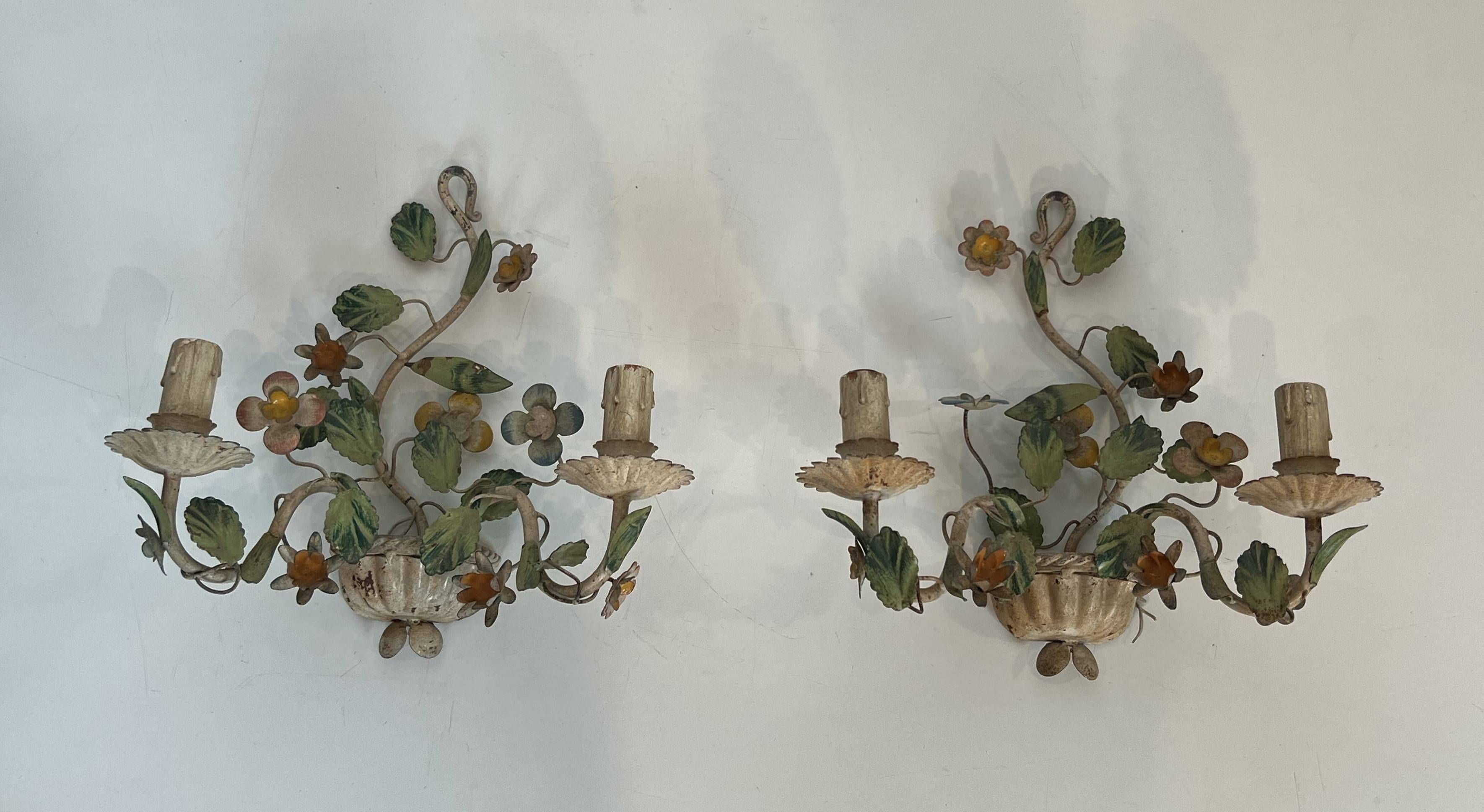 Pair of Wall Lights with Floral Basket in Painted Sheet Metal. Italian Work. Circa 19.