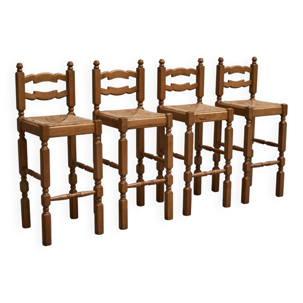 Ensemble de 4 tabourets de bar Razorblade en chêne massif, années 1960
