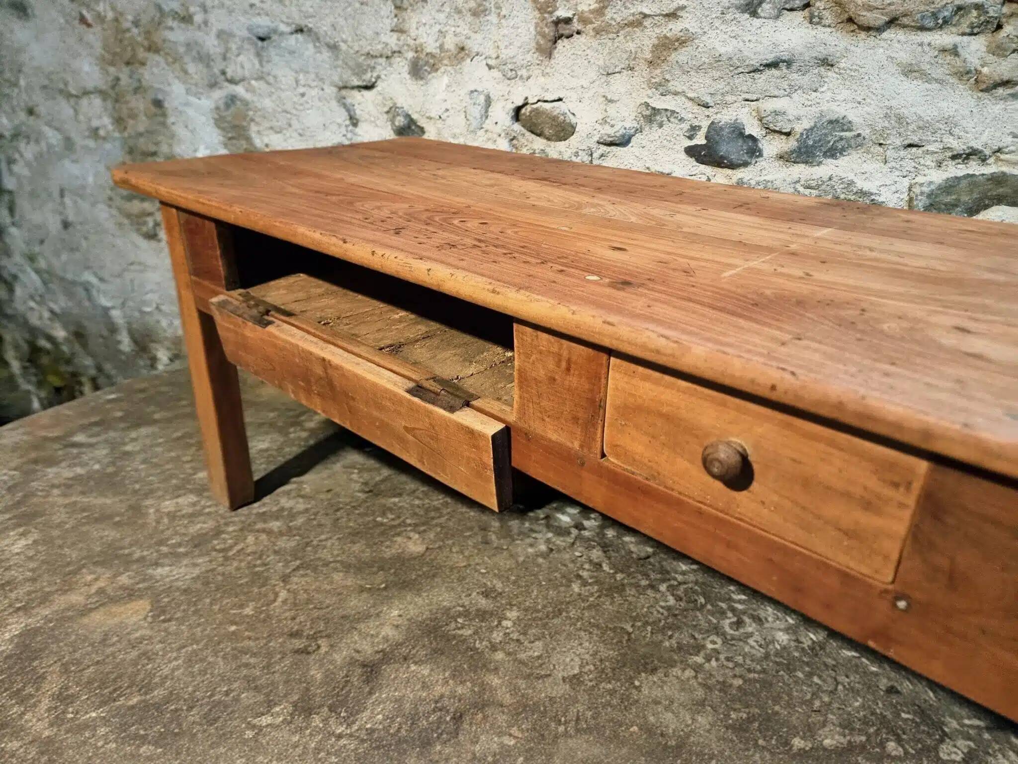 Old French rustic coffee table in cherry wood.