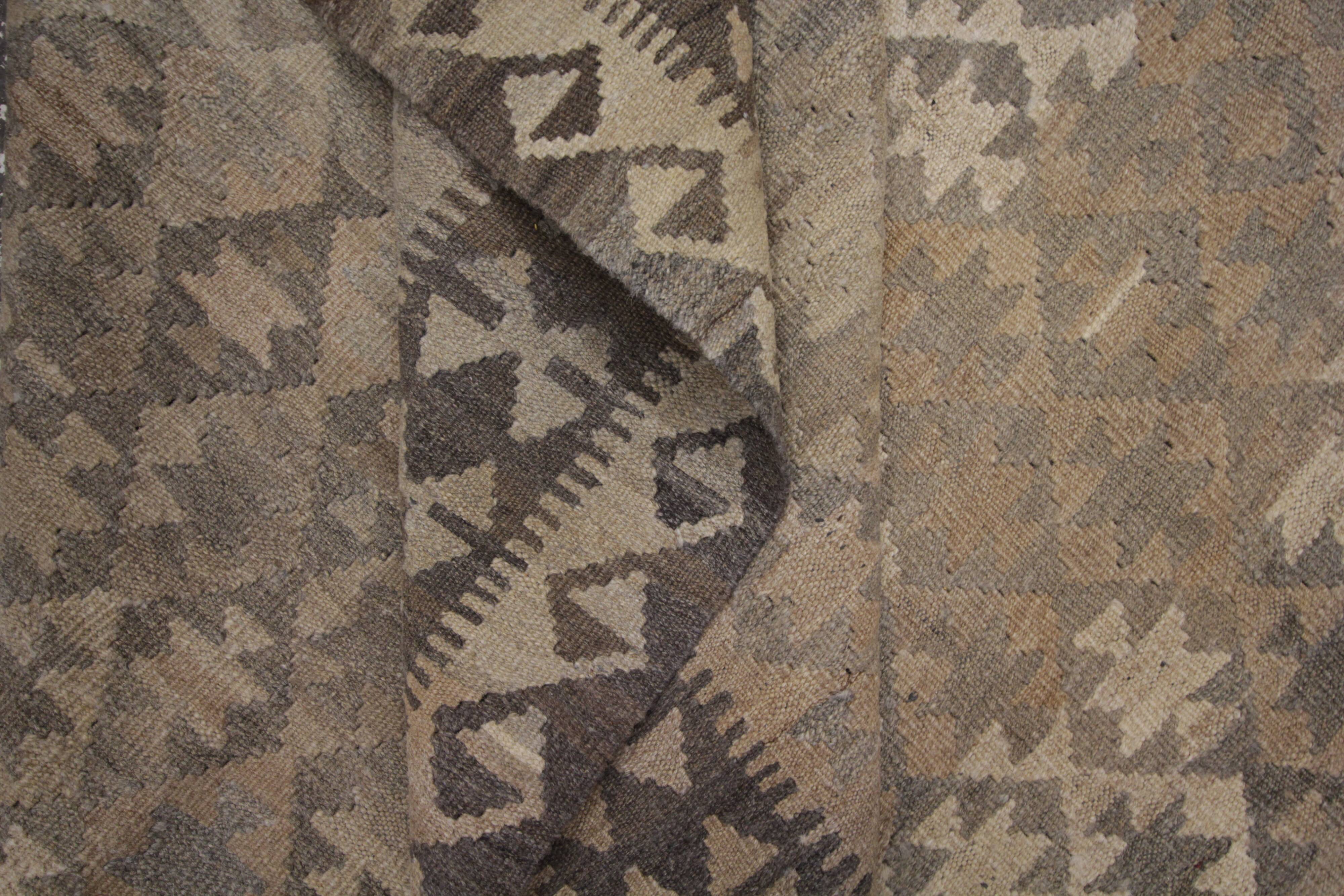 Brown & Khaki Geometric Kilim Rug, Handwoven Wool Carpet 302 x 239 cm