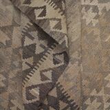 Brown & Khaki Geometric Kilim Rug, Handwoven Wool Carpet 302 x 239 cm