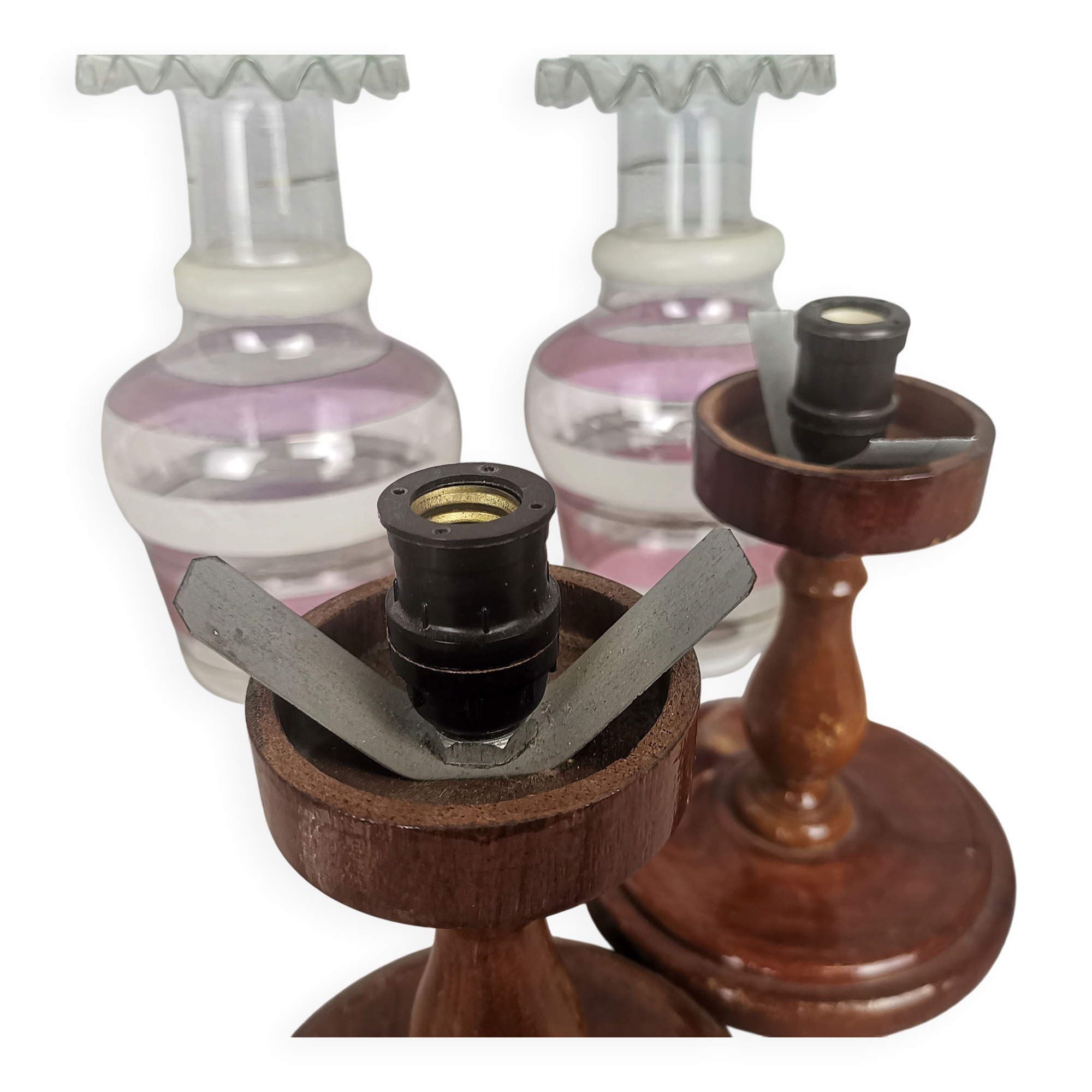 Portuguese Farmhouse rustic wooden table lamps with torch glass shades, 1970s, Set of 2