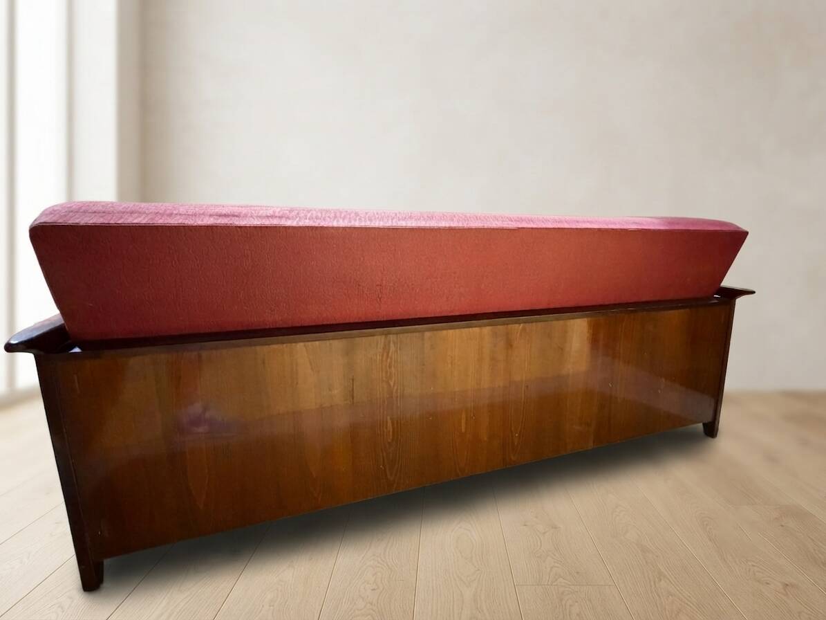 Burgundy folding sofa bed by Edmund Homa, mid-century modern, 1960s, Czechoslovakia, 200 × 88 × 80 cm