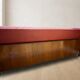 Burgundy folding sofa bed by Edmund Homa, mid-century modern, 1960s, Czechoslovakia, 200 × 88 × 80 cm