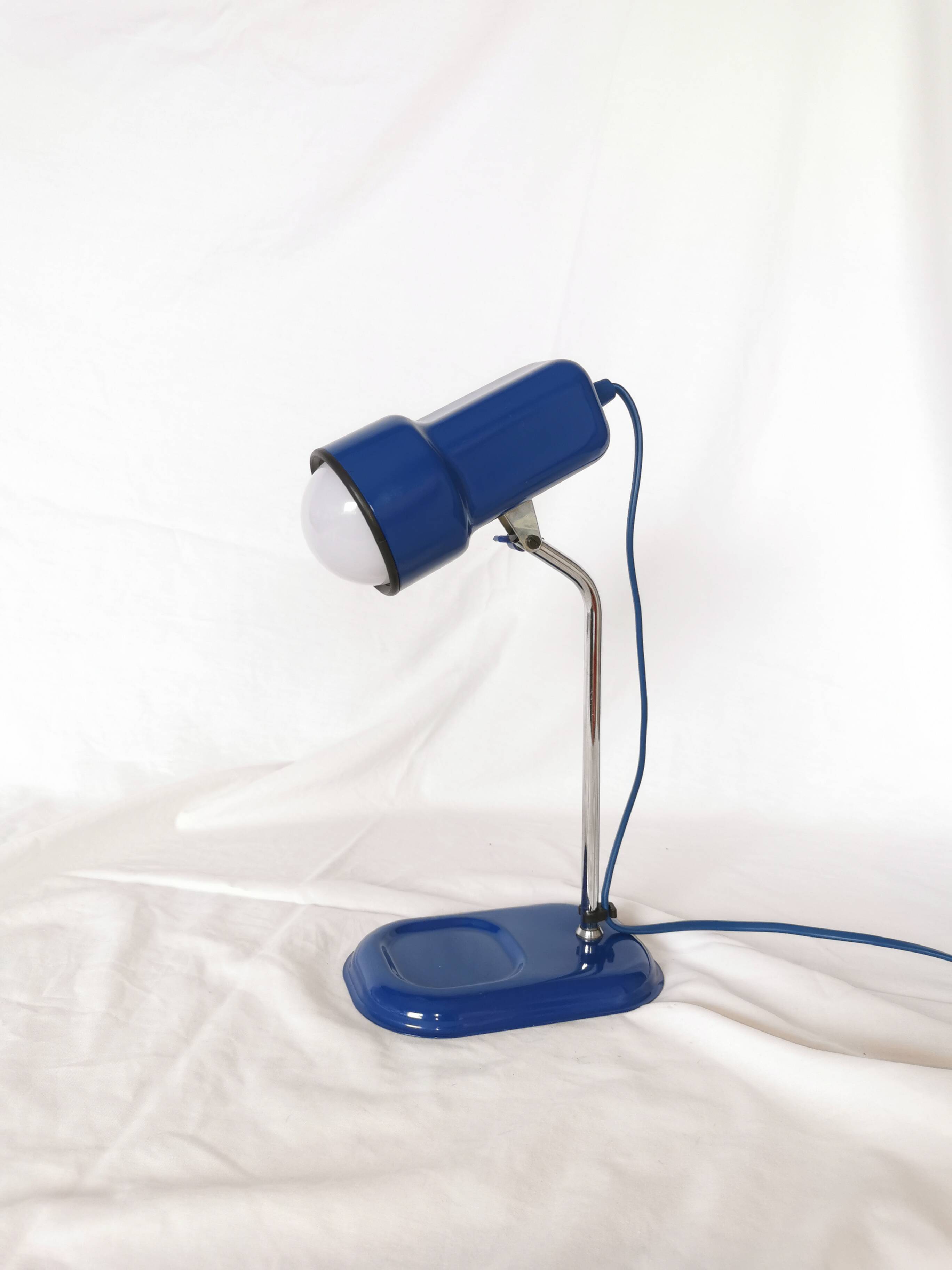 Blue and chrome adjustable spot desk lamp, Vrieland Design, Netherlands, 1970s