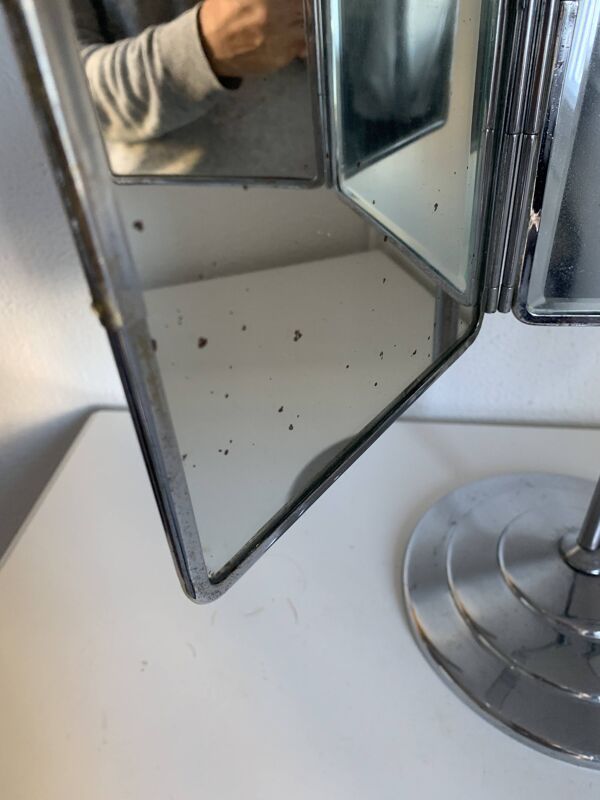 Miroir vintage 1940 triptyque barbier pied biseauté - 40 x 35 cm